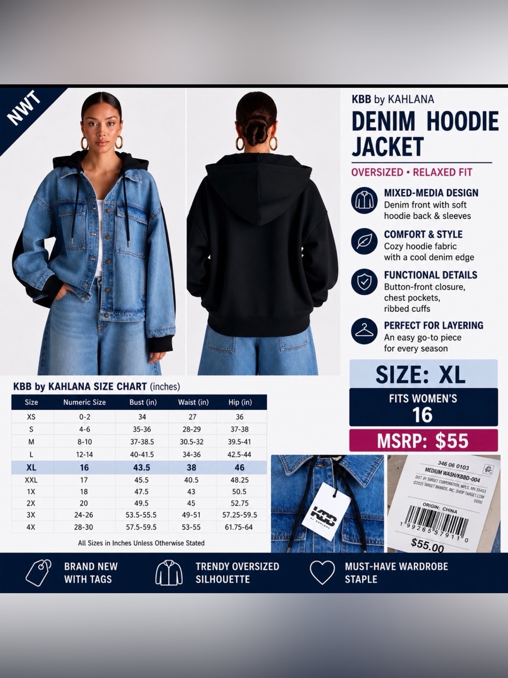 KBB by Kahlana Denim Hoodie Jacket XL NWT Oversized Mixed Media Button Front